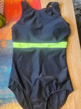 Black One-Piece Swimsuit with Neon Lime Waistband